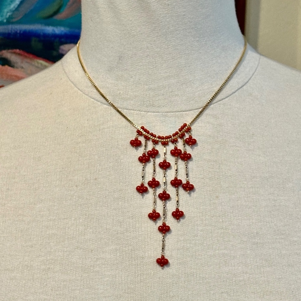 Miguel Ases Mediterranean Red Coral Colored Glass Bead & Gold Necklace.- Perfect